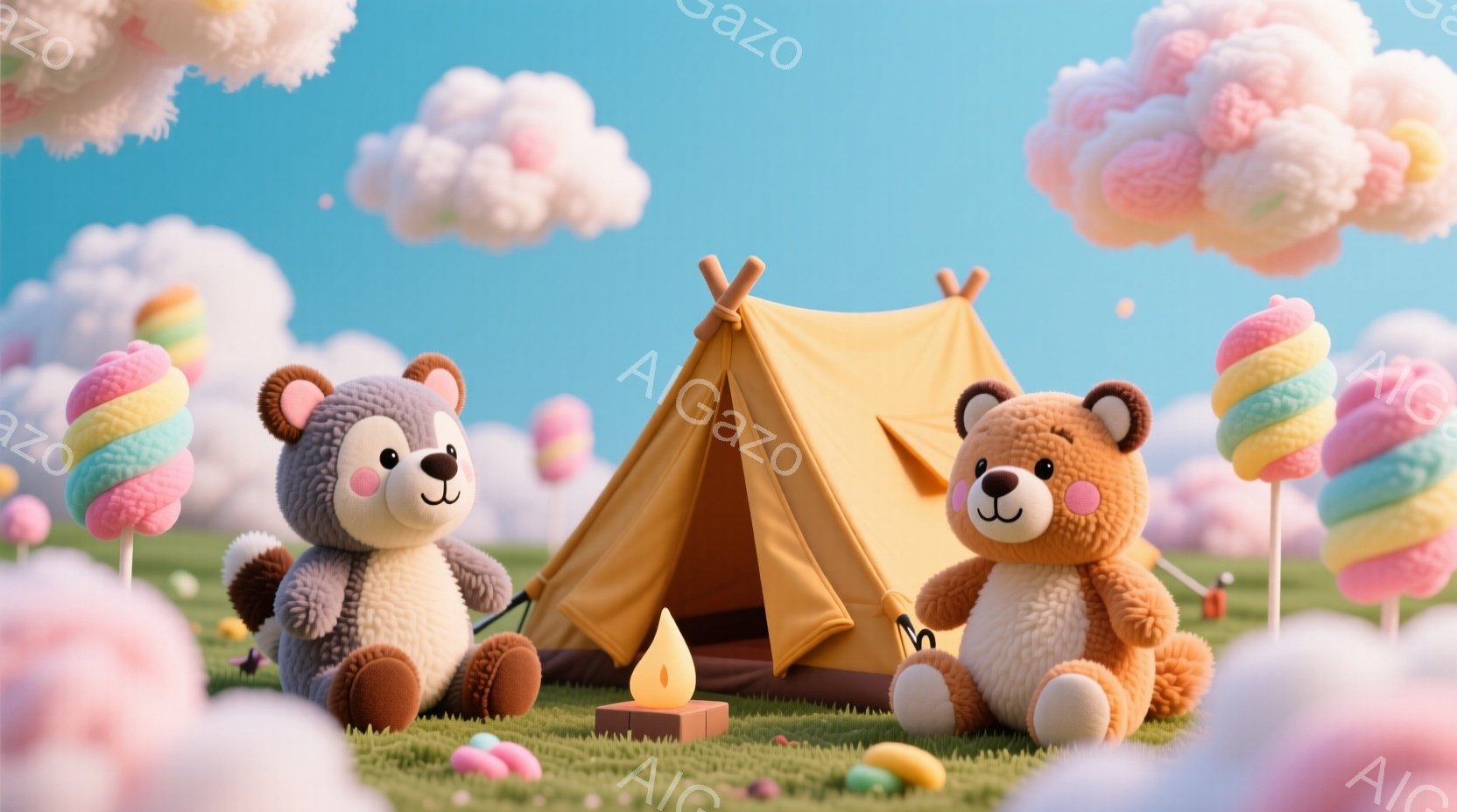 ふわふわのテディベアが二人、緑の草原でキャンプを楽しんでいます。オレンジ色の小さなテントと、その前に置かれた小さな焚き火が暖かさを添えています。背景には綿菓子のようなカラフルなキャンディーと、ふんわり - AI生成フリー素材
