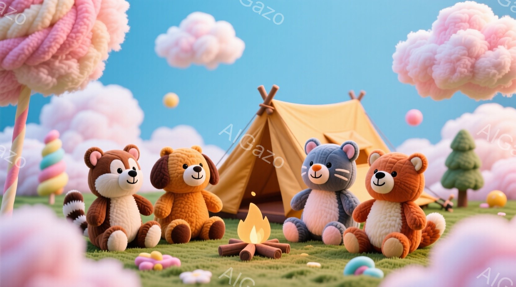 カラフルな背景の中に、動物をモチーフにしたぬいぐるみたちがキャンプを楽しんでいる様子が描かれています。彼らは可愛らしい服装で、焚き火を囲んでリラックスした表情を浮かべています。背景には、ピンク色の雲のようなオブジェクトや緑の木々、そして小さなテントが配置され、夢のような雰囲気を醸し出しています。