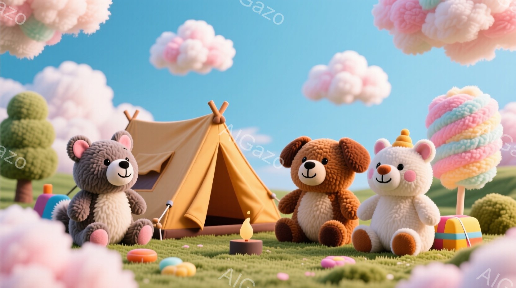 鮮やかな緑の草原に、3匹のテディベアがキャンプファイヤーを囲んで座っています。左のグレーのベアはリラックスした表情で、中央の茶色のベアは穏やかな笑顔を浮かべており、右の白いベアは頭に小さな帽子をかぶっ - AI生成フリー素材