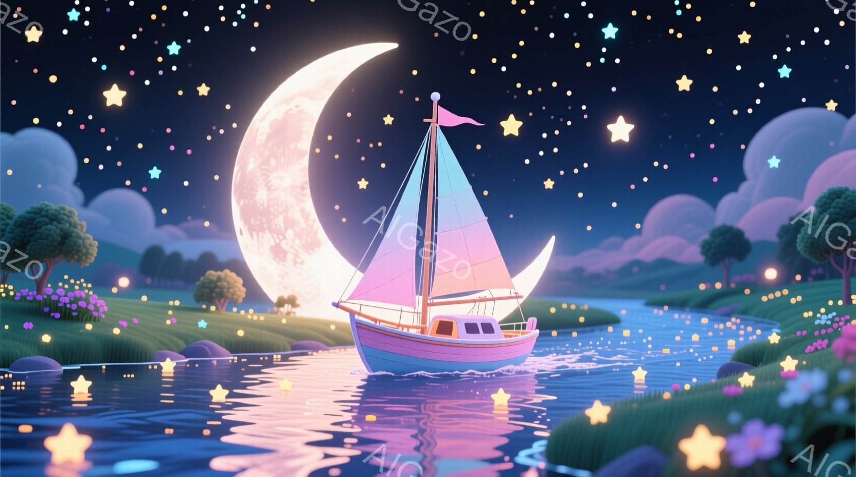 夜空の下、穏やかな水面に白とピンクの帆船が浮かんでいる。満月が背景を照らし、水面には船と星の光が反射して幻想的な光景を作り出している。緑の丘やカラフルな花々が岸辺を彩り、夢のような穏やかな雰囲気を醸し - AI生成フリー素材