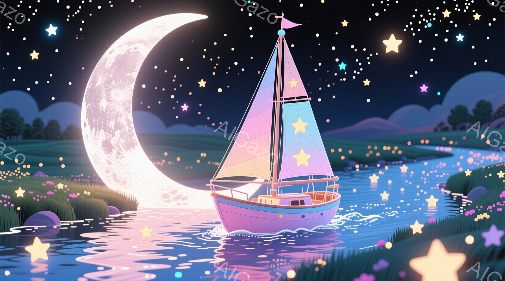 夜空には満月が輝き、水面には星が反射して幻想的な光景が広がっています。紫とピンクの可愛らしいヨットが穏やかな水路を進んでおり、満月と星空がその航海を照らしています。背景には緑の草むらや木々が見え、全体 - AI生成フリー素材