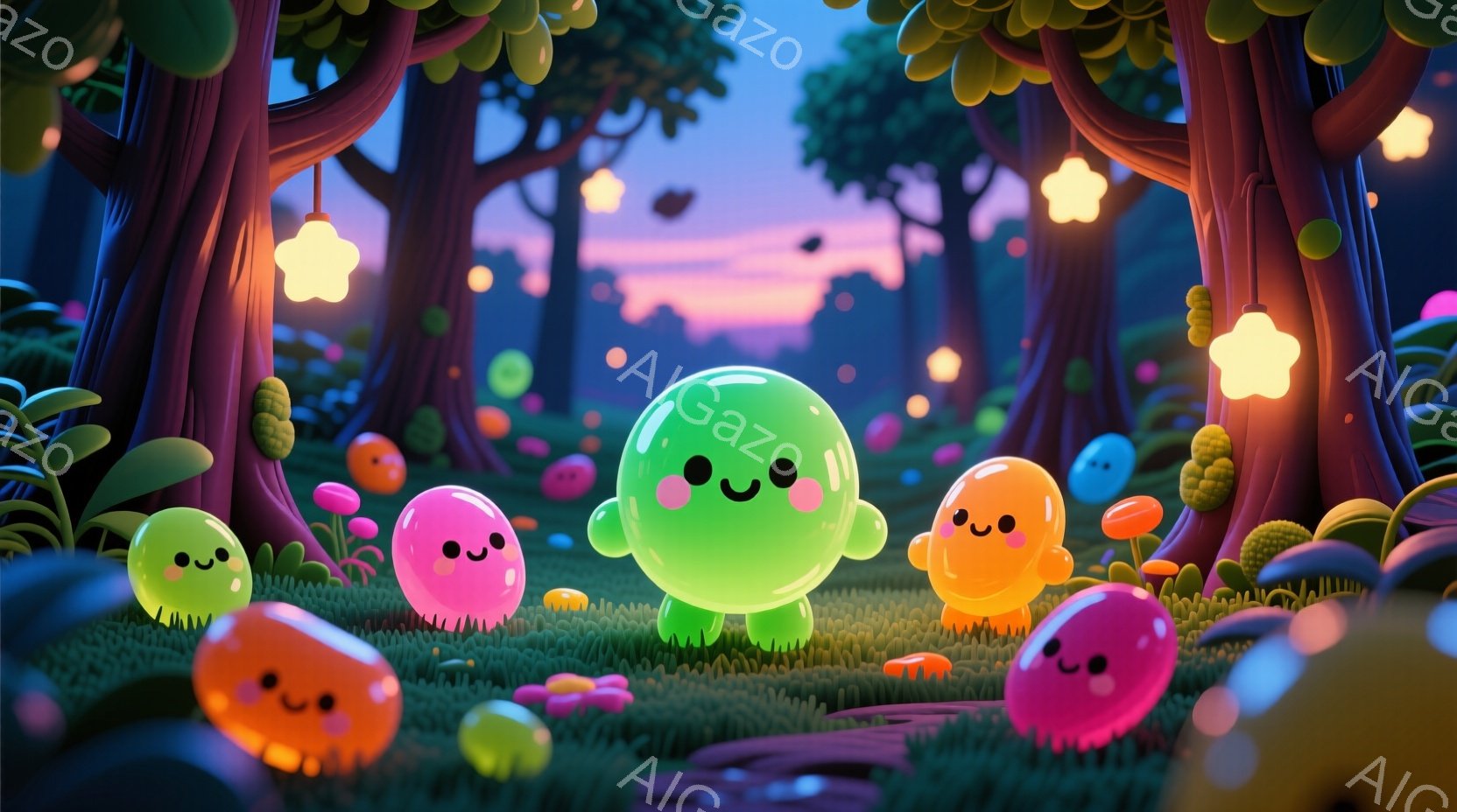 鮮やかな色のゼリーのようなキャラクターたちが、緑豊かな草原に集まっている。彼らは皆笑顔で、丸い体をしており、まるでキャンディーのような愛らしい姿をしている。背景には、紫色の幹を持つ木々が生い茂り、小さ - AI生成フリー素材