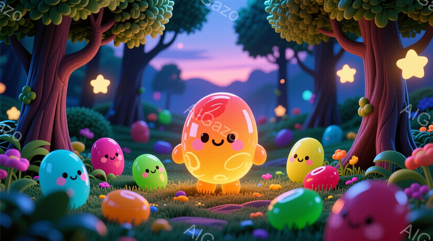 カラフルなゼリーのようなキャラクターたちが、きのこの生えた森の中に集まっています。彼らは皆、可愛らしい笑顔で、丸くて柔らかい体つきをしています。背景には、紫とオレンジ色のグラデーションの空と、様々な色合いのきのこが生い茂り、幻想的な雰囲気を醸し出しています。