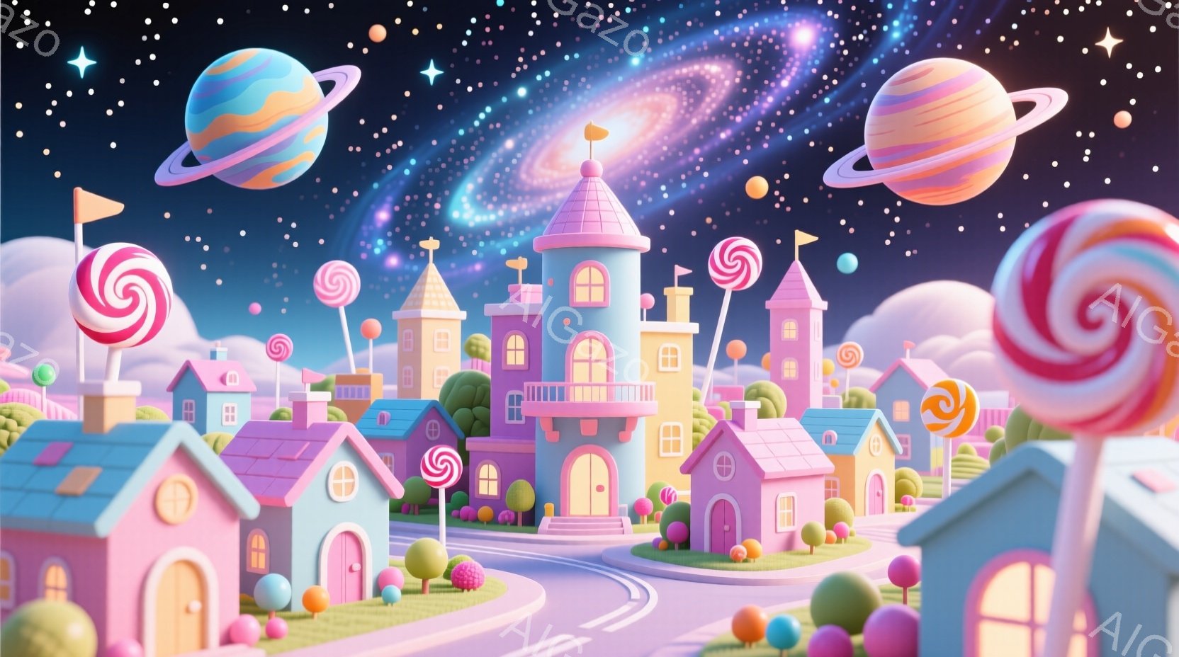 カラフルで可愛らしいお菓子の国が描かれています。ピンクや水色の家々が立ち並び、キャンディやロリポップが空に浮かんでいます。背景には、パステルカラーの渦巻く星雲と惑星が広がり、夢のような雰囲気を醸し出しています。