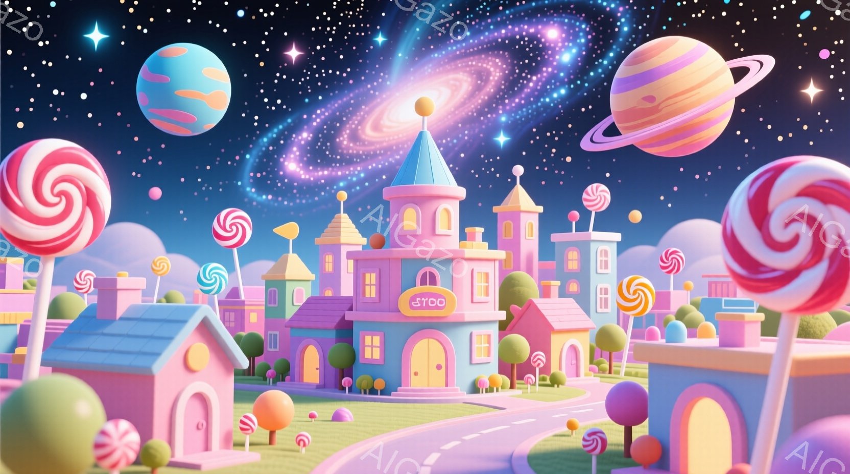 カラフルで夢のようなキャンディランドが描かれています。丸みを帯びた可愛らしい家々は、巨大なキャンディやカラフルな円柱に彩られ、まるで絵本の世界のようです。背景には渦巻く銀河と惑星が輝き、ファンタジック - AI生成フリー素材