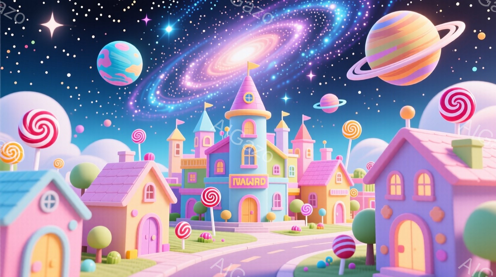 カラフルなキャンディランドが広がり、ピンクや水色の建物が立ち並んでいます。道路には巨大なキャンディが配置され、背景には渦巻く銀河と惑星が浮かんでいます。全体的に明るく、夢のような、お菓子がいっぱいな楽 - AI生成フリー素材