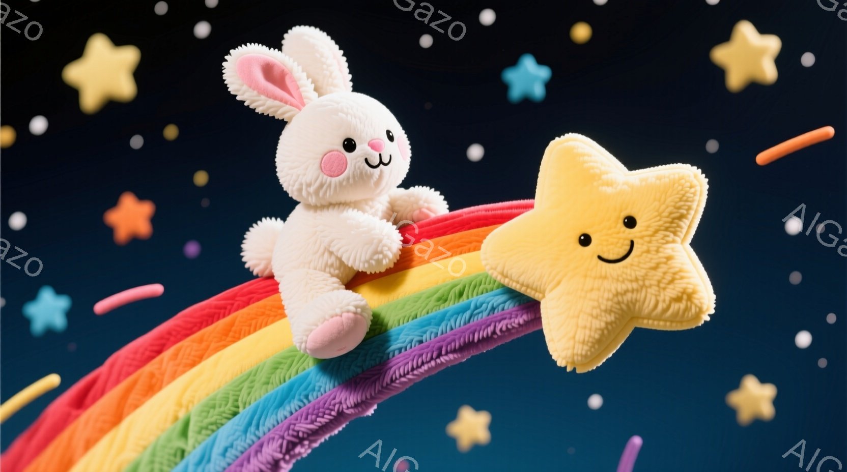 ふわふわの白いウサギのぬいぐるみと、黄色い星のぬいぐるみが虹の上に乗っています。ウサギは少し微笑んでおり、星も愛らしい表情をしています。背景は濃い青色で、様々な色の星や光の粒子が散りばめられており、夢 - AI生成フリー素材