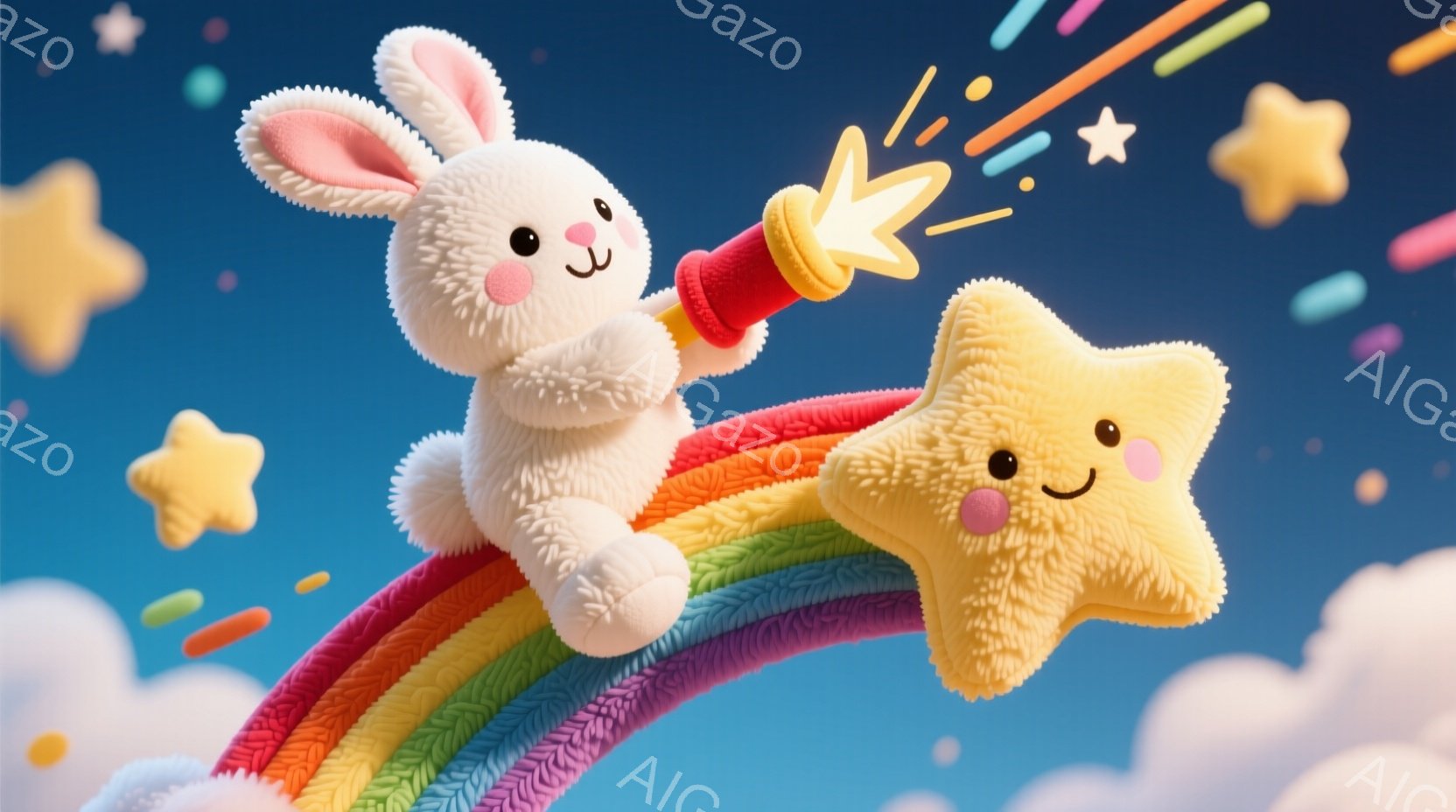 ふわふわの白いウサギが、虹のようなカラフルなアーチの上に乗っています。ウサギはピンクの頬を持ち、嬉しそうに笑っており、片手に光り輝くオレンジ色の棒を持っています。背景にはパステルブルーの空と、星やキャ - AI生成フリー素材