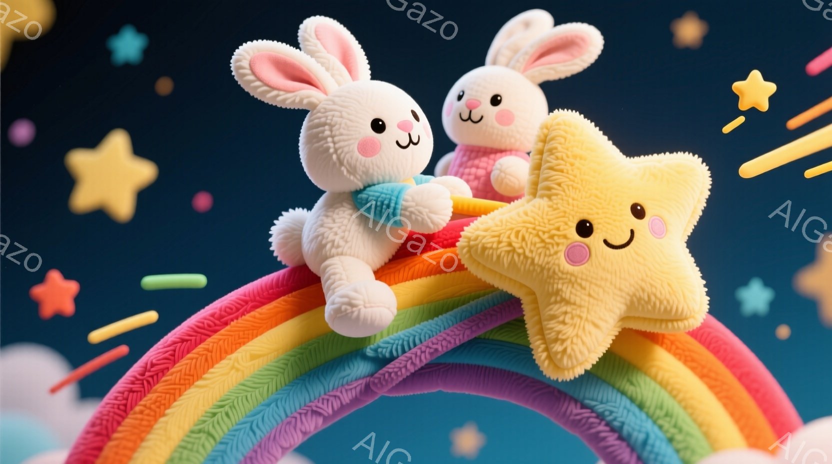 ふわふわの白いウサギが二人、虹の上に乗って楽しんでいます。一匹はピンクの服を着ており、もう一匹は水色の服を着ています。背景には星が散りばめられ、明るく幻想的な雰囲気が漂っています。 - AI生成フリー素材