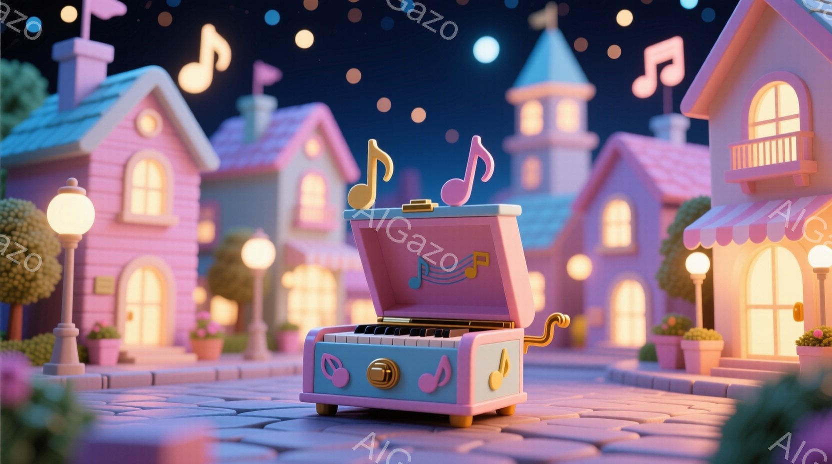 カラフルで可愛らしい街並みを背景に、レトロな蓄音機が置かれています。建物はパステルカラーで、丸みを帯びた優しいデザインで、まるで絵本の世界のようです。夜空には音符が浮かび、街全体が音楽に包まれているよ - AI生成フリー素材