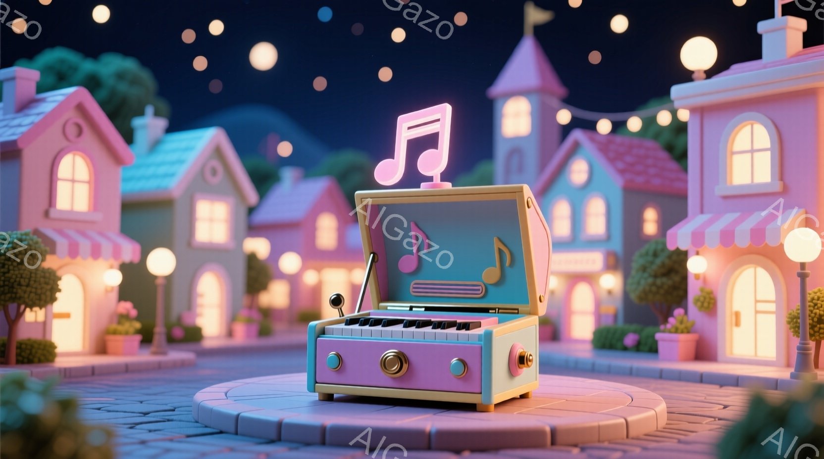 夜空を背景に、カラフルな建物が並ぶ可愛らしい街並みの中に、レトロなラジオが置かれています。ラジオからは音符が光り輝き、街全体が温かく優しい雰囲気で満たされています。建物はパステルカラーで統一され、街路樹や花壇がアクセントとなり、夢のような空間を演出しています。