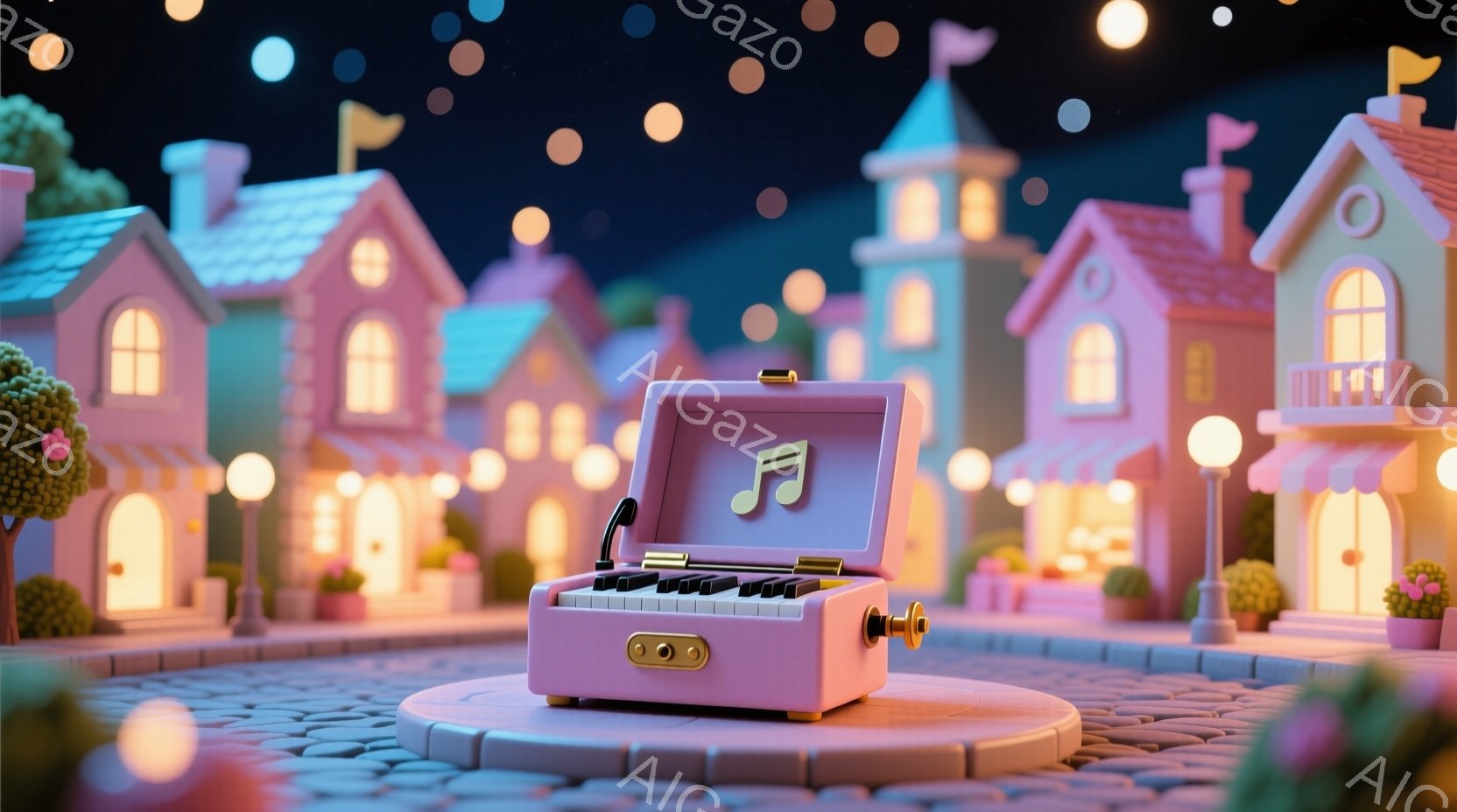 ピンク色の可愛らしい街並みが広がり、中央には開いたピンクの小型ピアノが配置されています。建物はすべてパステルカラーで統一され、夜空には明るい光の玉が散りばめられています。全体的に暖かく、夢のような雰囲 - AI生成フリー素材
