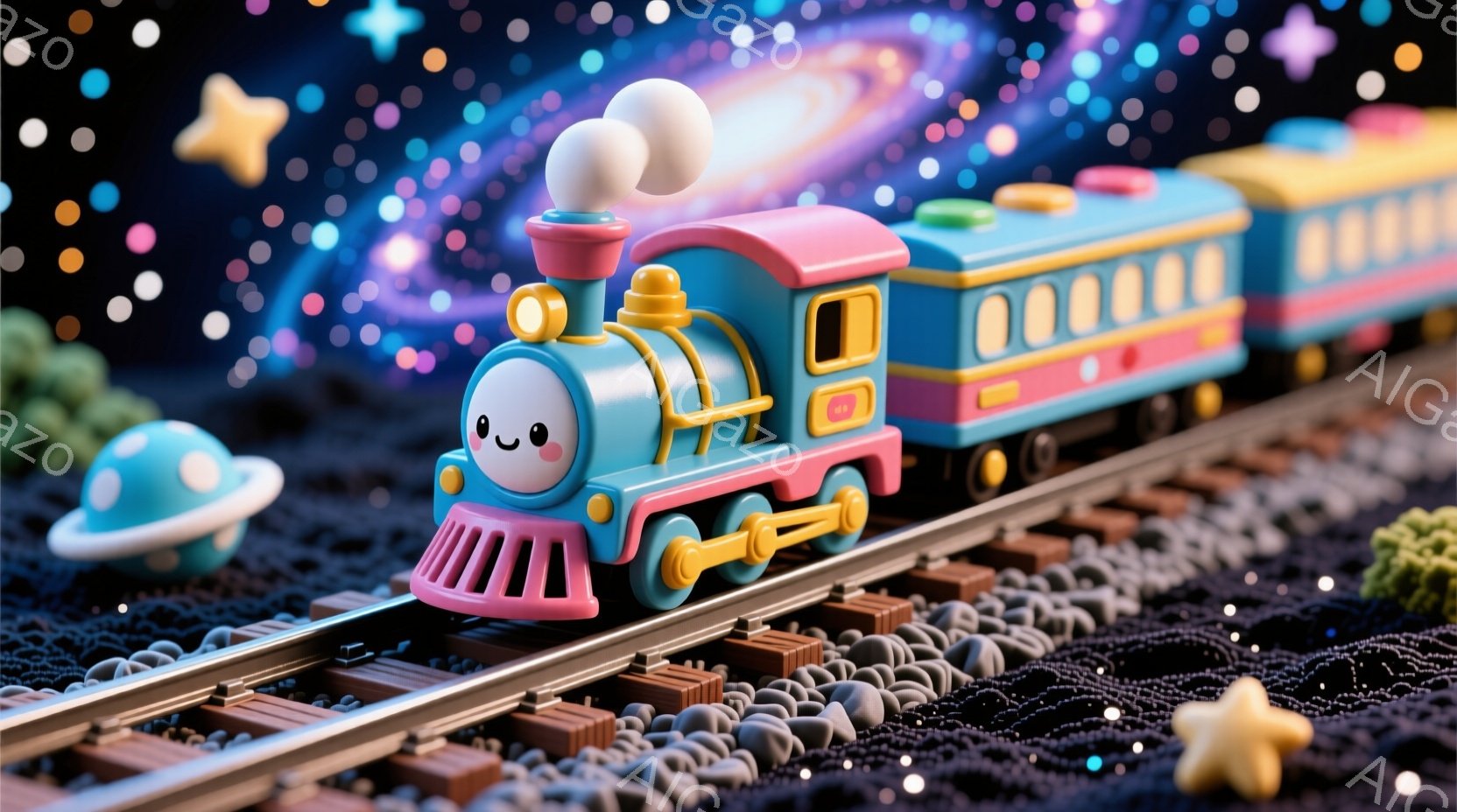 明るい水色の蒸気機関車が、ピンク色の客車を引いてレールの上を走っています。機関車の顔には笑顔があり、可愛らしい表情をしています。背景には星空が広がり、緑の植物や惑星が点在し、夢のような幻想的な雰囲気が - AI生成フリー素材