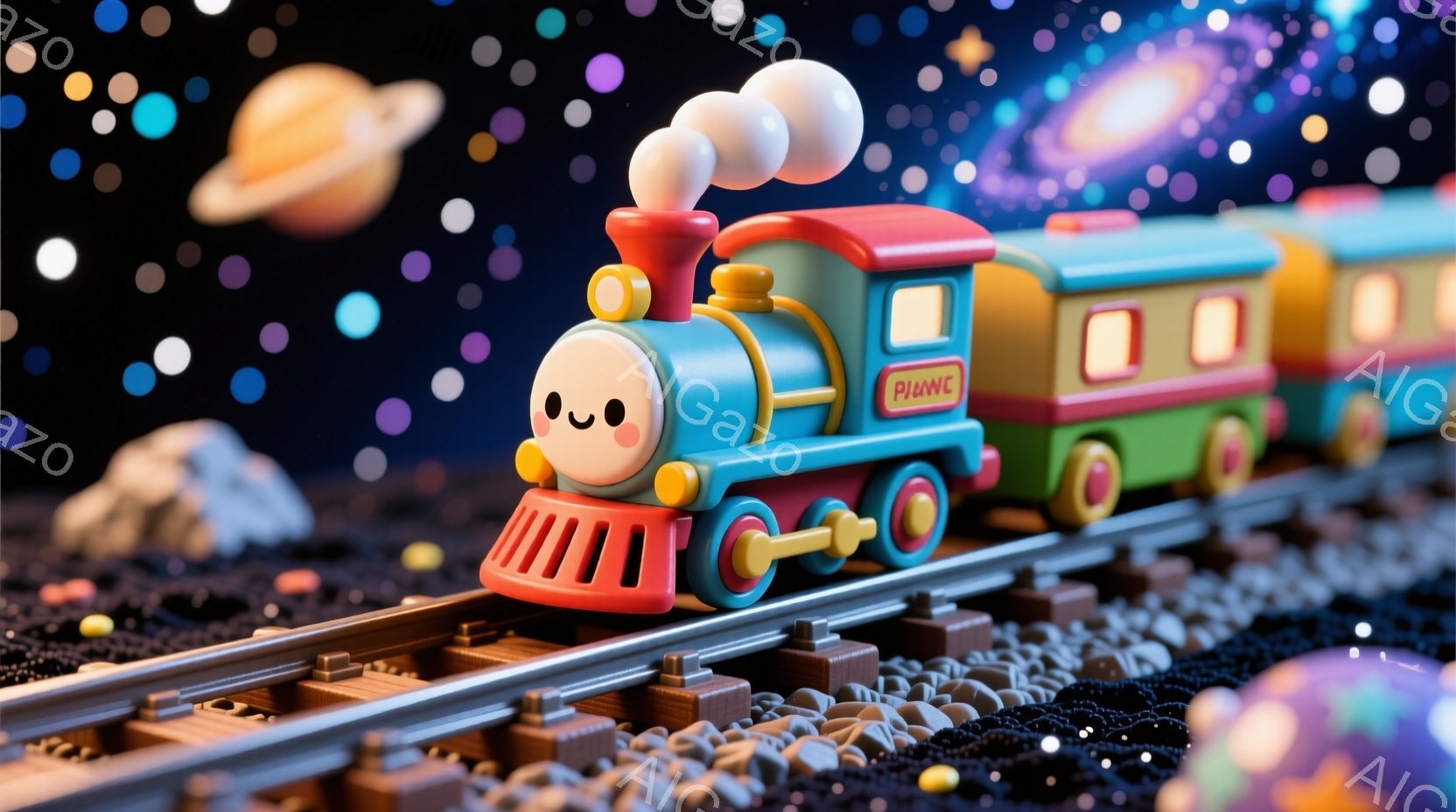 明るい色の玩具列車が、星が散りばめられた暗い宇宙空間を走っている。列車の先頭車両はピンクと水色で、笑顔の顔が描かれている。背景には様々な色の惑星や星雲が浮かび、夢のような雰囲気を醸し出している。 - AI生成フリー素材