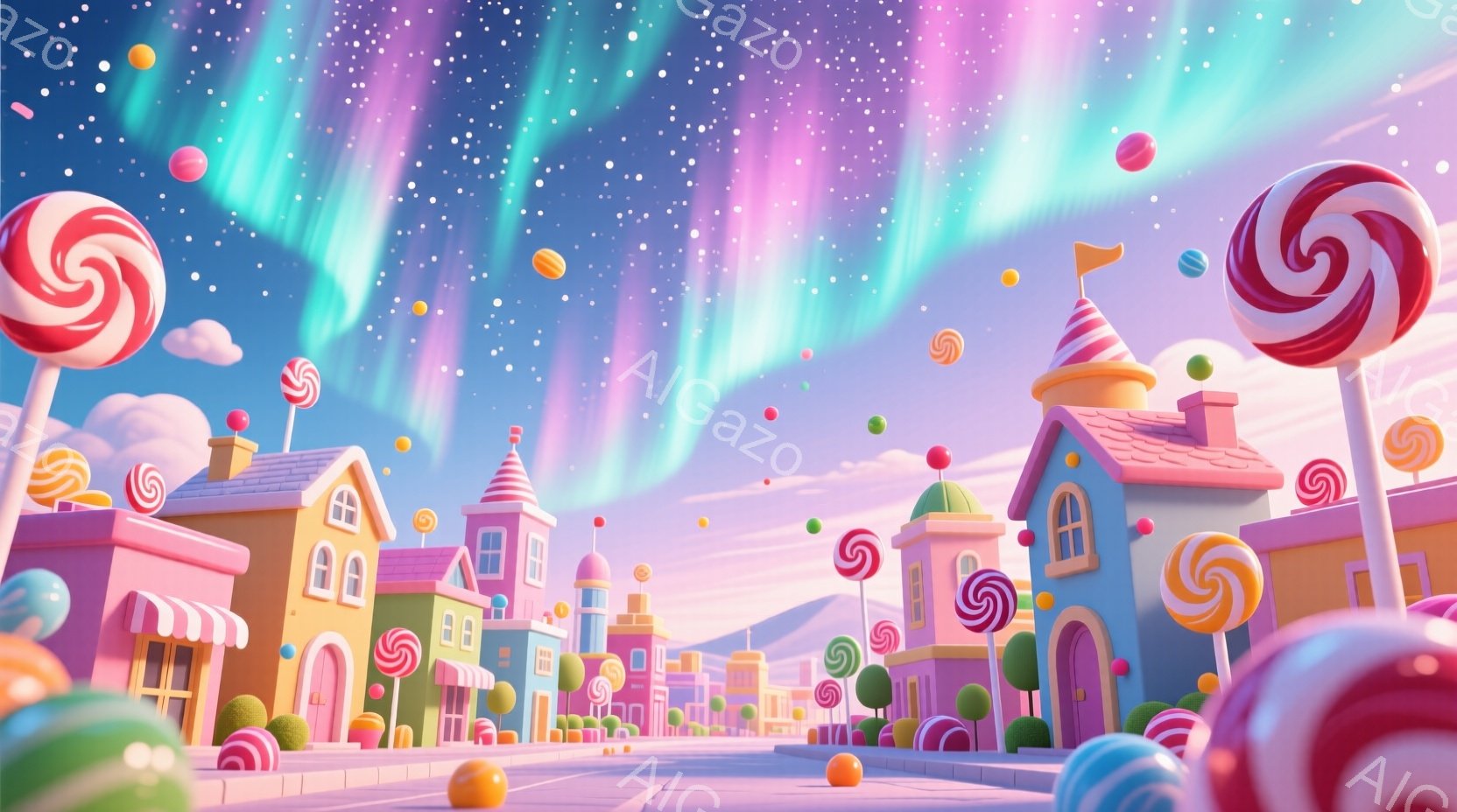カラフルなキャンディランドの風景が広がっている。ピンク、水色、黄色などのパステルカラーの可愛らしい家々が並び、道には巨大なキャンディやカラフルなボールが散らばっている。空にはオーロラのような虹色の光が - AI生成フリー素材