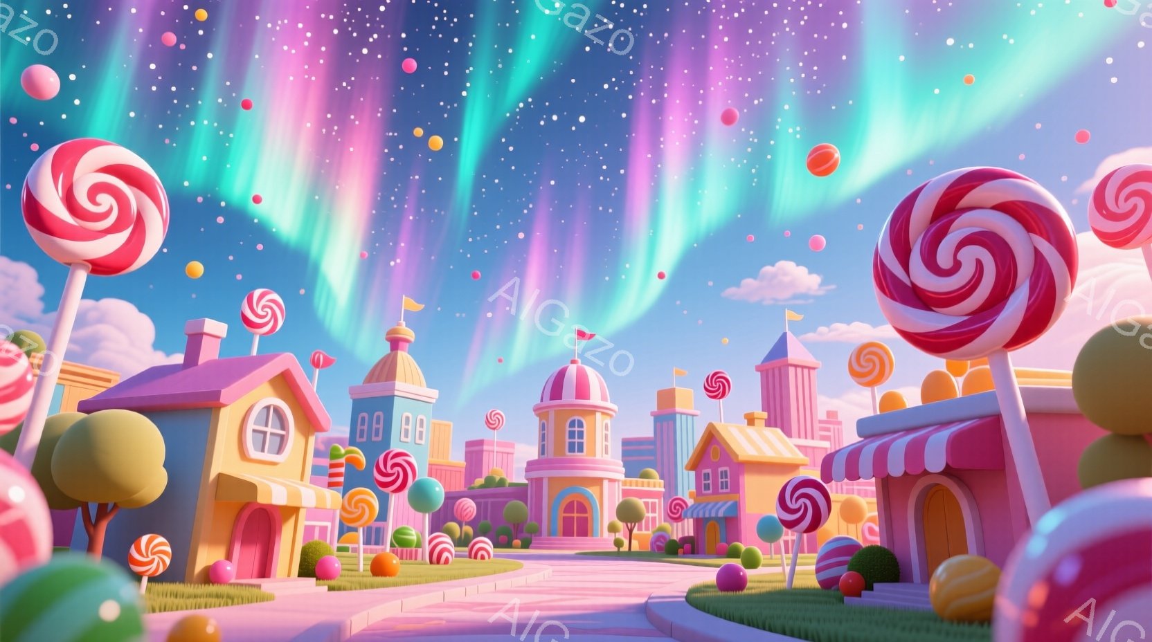 カラフルなキャンディランドが広がり、ピンクや紫色の可愛らしい家々が立ち並んでいます。背景にはオーロラのような虹色の光が輝き、空には綿菓子のような雲が浮かんでいます。全体的に甘くて夢のような、楽しげな雰 - AI生成フリー素材