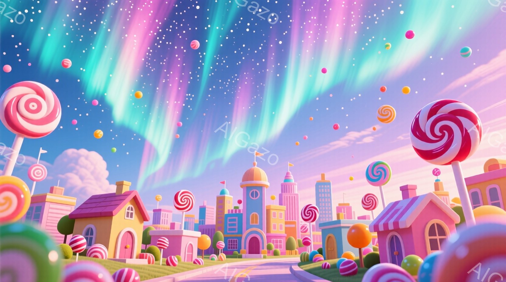 カラフルなキャンディランドが広がり、ねじりキャンディが街路灯のように立ち並んでいます。ピンク、緑、紫の柔らかな光が空を彩り、まるでオーロラのような幻想的な雰囲気を作り出しています。可愛らしい家々が並び - AI生成フリー素材