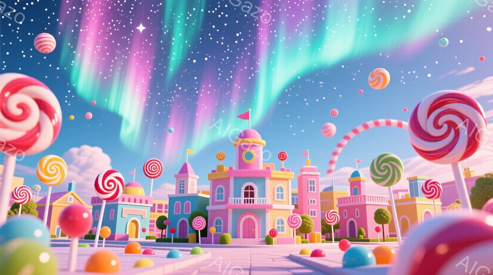 カラフルなキャンディが立ち並ぶ夢のような町並みが描かれています。ピンクや水色の可愛らしい建物が密集し、まるで絵本の世界のようです。背景にはオーロラのような光が輝き、幻想的な雰囲気を醸し出しています。