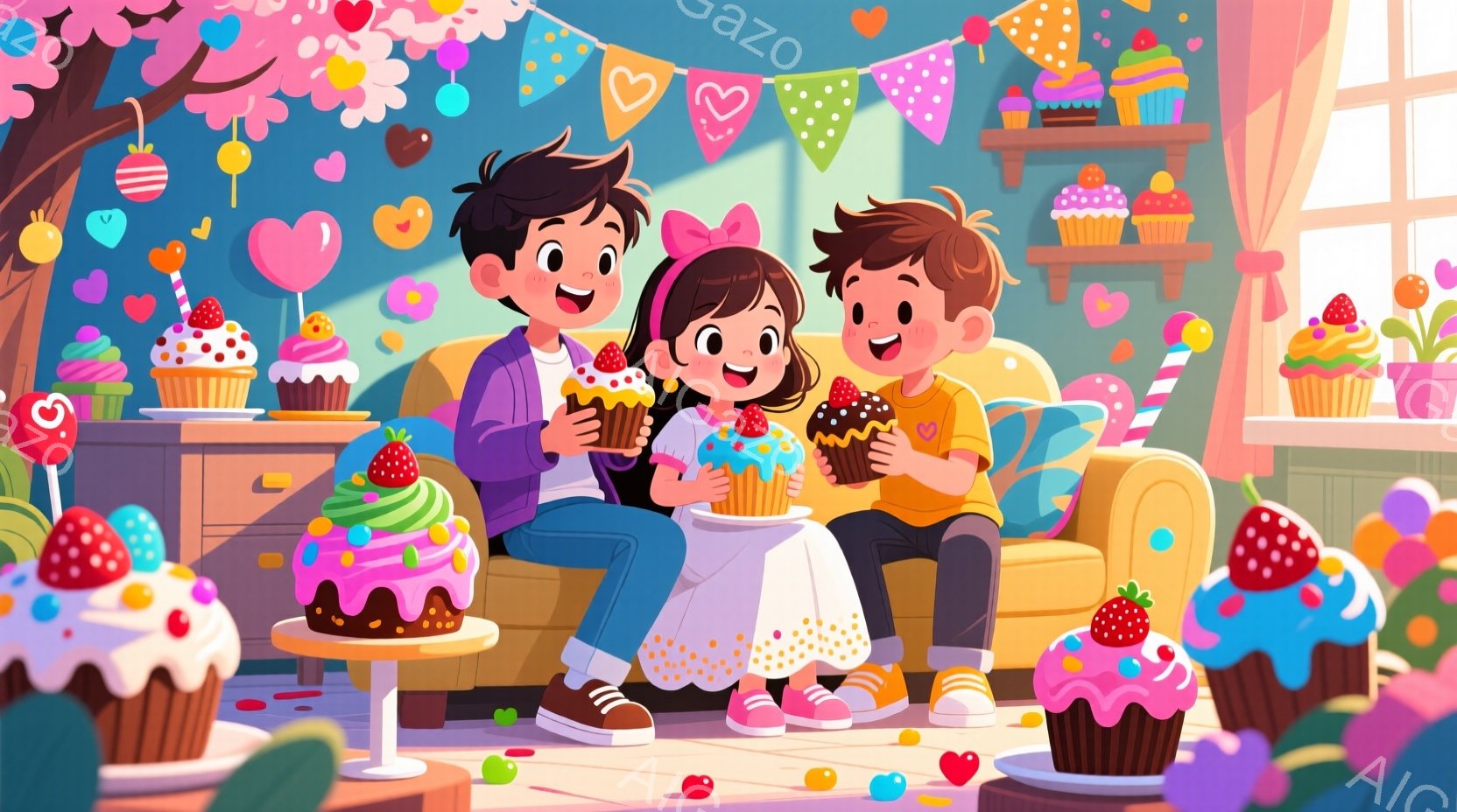 少年と少女が黄色いソファに座り、それぞれ手にカップケーキを持っています。少年は紫色のシャツを着ており、黒い髪型で、笑顔を浮かべています。背景にはカラフルなカップケーキやキャンディーが散りばめられ、ピン - AI生成フリー素材