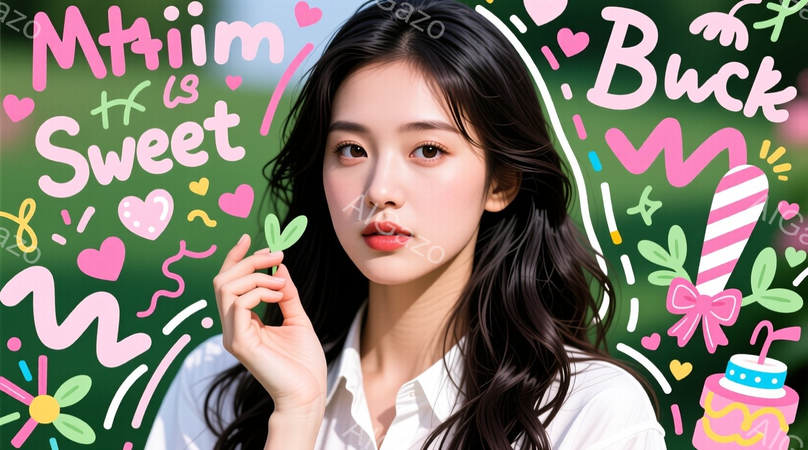 長い黒髪を無造作に垂らし、白いシャツを着た若い女性が写っています。彼女は少し微笑んでおり、リラックスした雰囲気で何かを指で挟んでいるようです。背景には、ピンクや緑の可愛らしいイラストが描かれており、全 - AI生成フリー素材