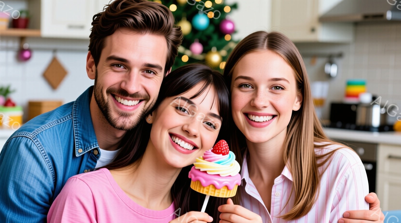 ３人の笑顔の女性と男性が写っています。中央の女性はピンク色のケーキポップを持っており、明るいピンクのトップスを着ています。背景にはクリスマスツリーやキッチンがあり、暖かく幸せな雰囲気です。