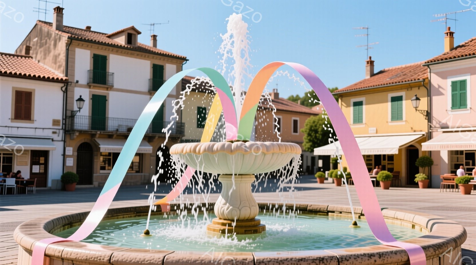広場の中央には、白く装飾された噴水が勢いよく水を噴出しており、その水しぶきに虹色のリボンが重なっている様子が印象的だ。背景には、パステルカラーの建物が立ち並び、青空と緑の木々が穏やかな雰囲気を醸し出し - AI生成フリー素材