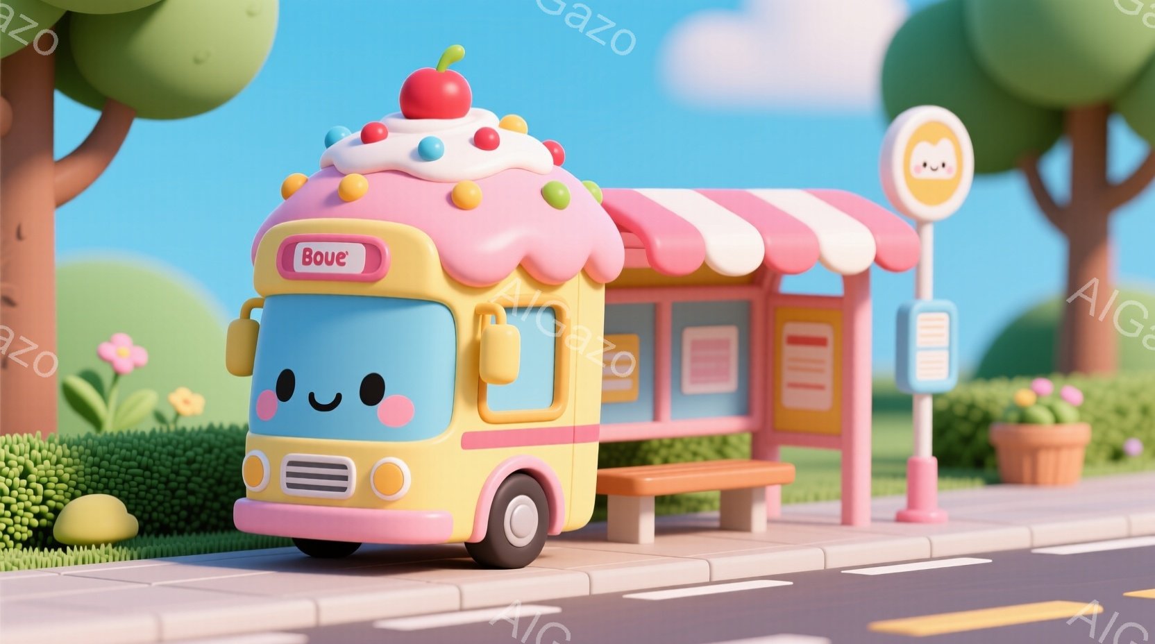 鮮やかな色彩のイラストで、バスが巨大なクリームとチェリーを模したデザートのように描かれています。背景には、緑豊かな木々や花々、そしてパステルカラーのバス停があり、全体的に甘く可愛らしい雰囲気を醸し出し - AI生成フリー素材