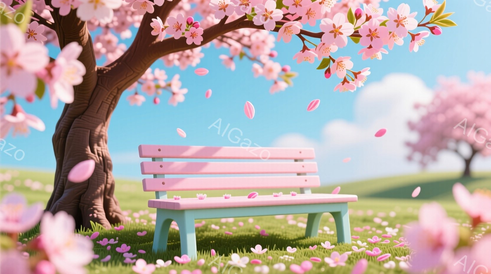 桜の花びらが舞い散る春の風景が描かれています。淡いピンク色のベンチが緑の芝生の上に置かれ、背景には桜の木と青空が見えます。全体的に穏やかで優しい雰囲気で、春の暖かさと美しさを感じさせます。 - AI生成フリー素材