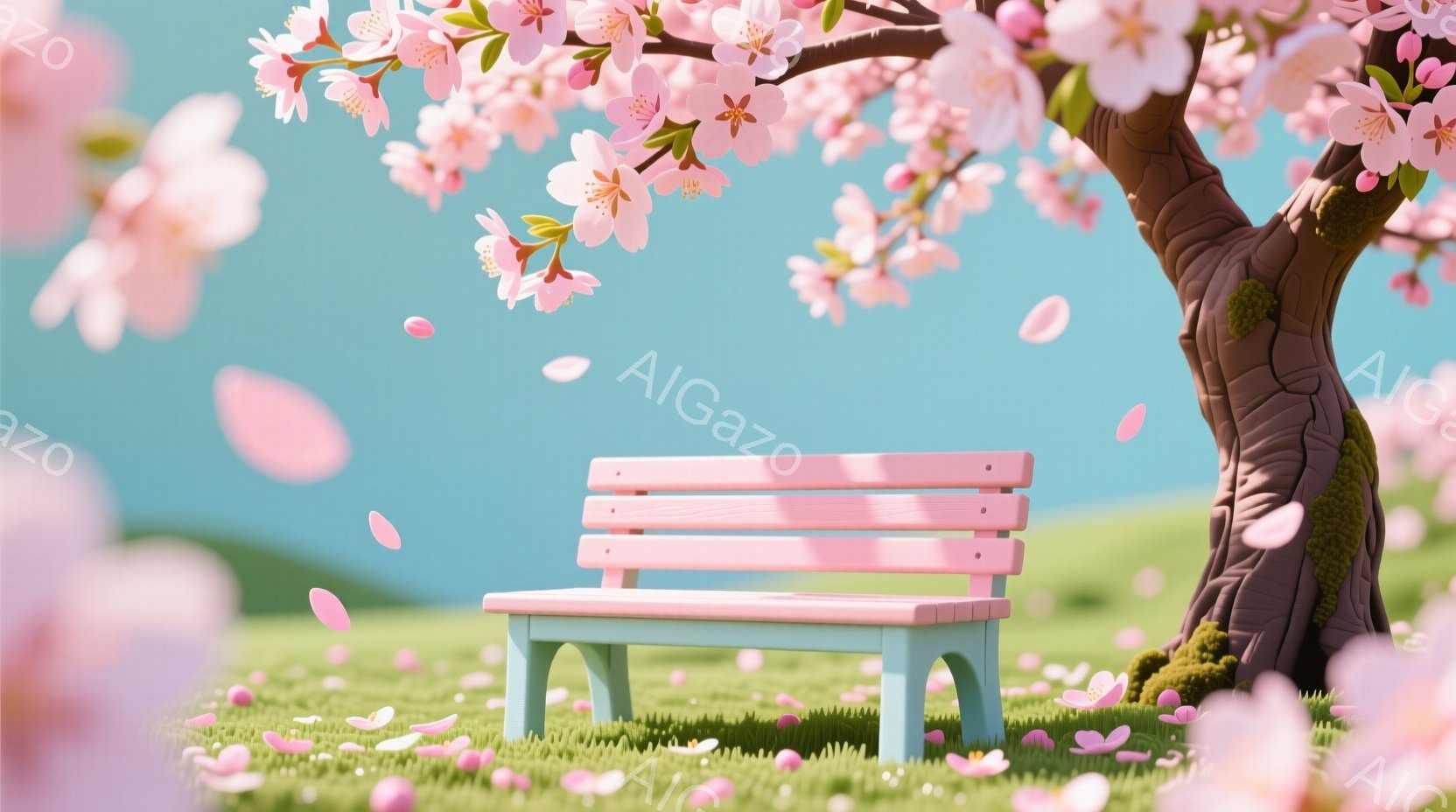 柔らかいピンク色のベンチが緑の芝生の上に置かれており、背景には桜の木が咲き誇っています。桜の花びらが空中に舞い散り、春の穏やかで心地よい雰囲気を演出しています。全体的にパステルカラーで統一されており、 - AI生成フリー素材