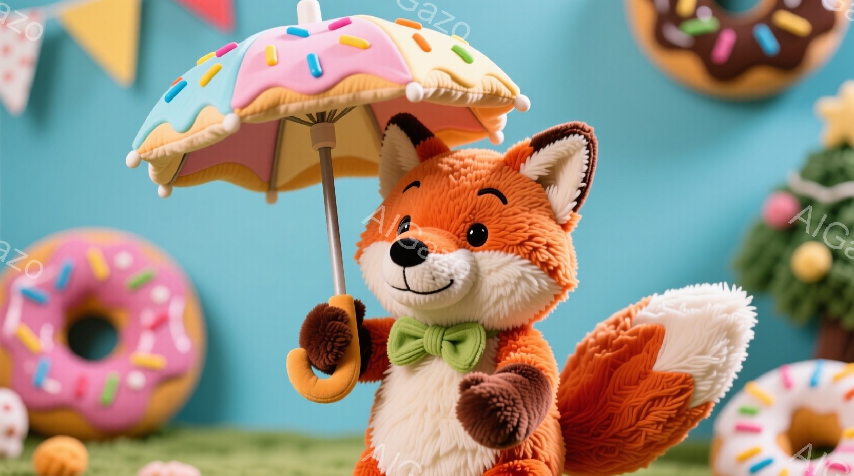鮮やかなオレンジ色のキツネのぬいぐるみは、緑色の蝶ネクタイをつけ、ドーナツを模したカラフルな傘を手にしています。キツネは少し上を見ているようで、表情は穏やかで愛らしいです。背景には、様々な色のドーナツ - AI生成フリー素材