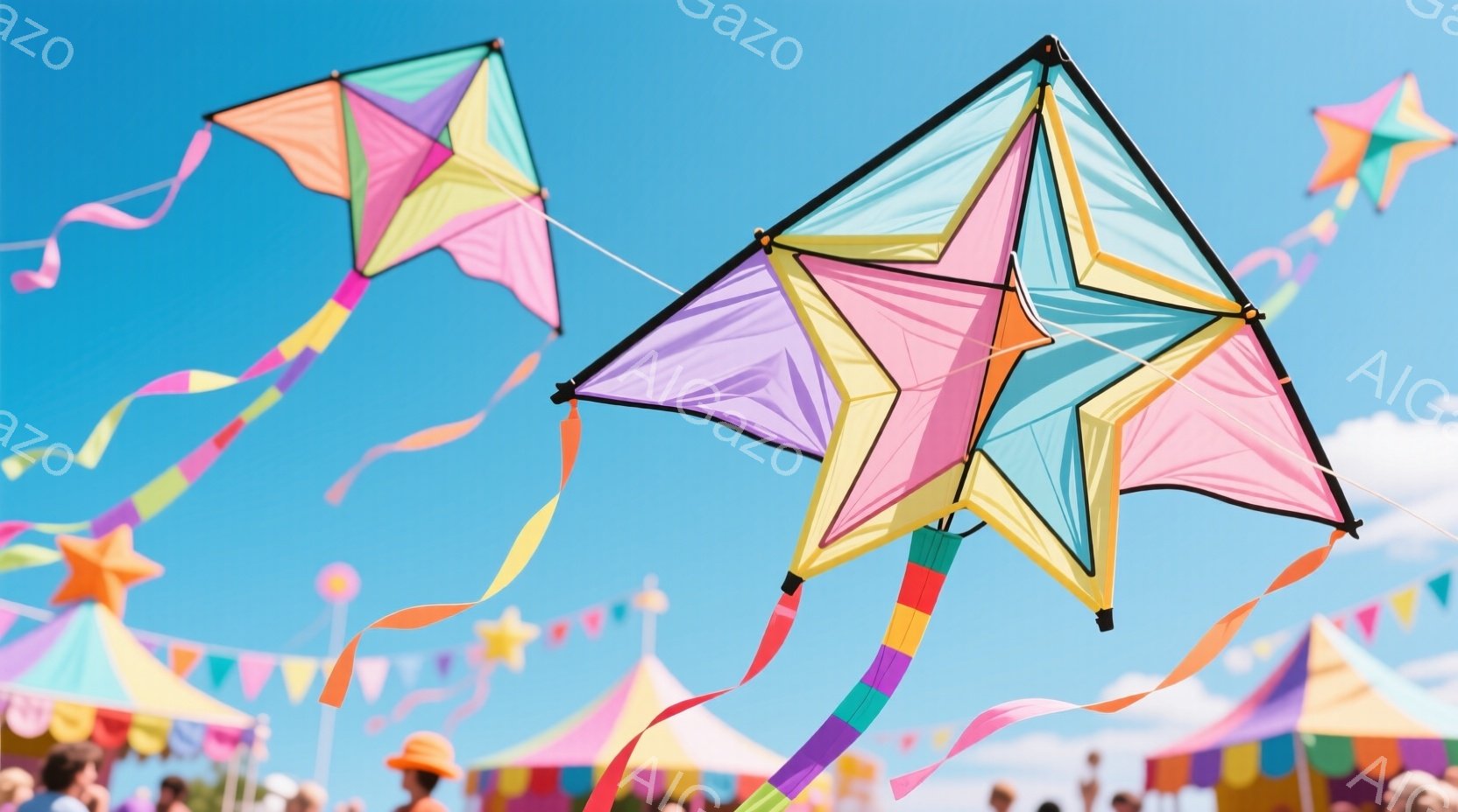 青空を背景に、カラフルな凧がいくつか舞っている様子が写っている。凧は星形をしており、ピンク、オレンジ、黄、緑などの鮮やかな色が使われている。背景には、白とさまざまな色のテントが並び、お祭りやイベントのような賑やかな雰囲気が感じられる。