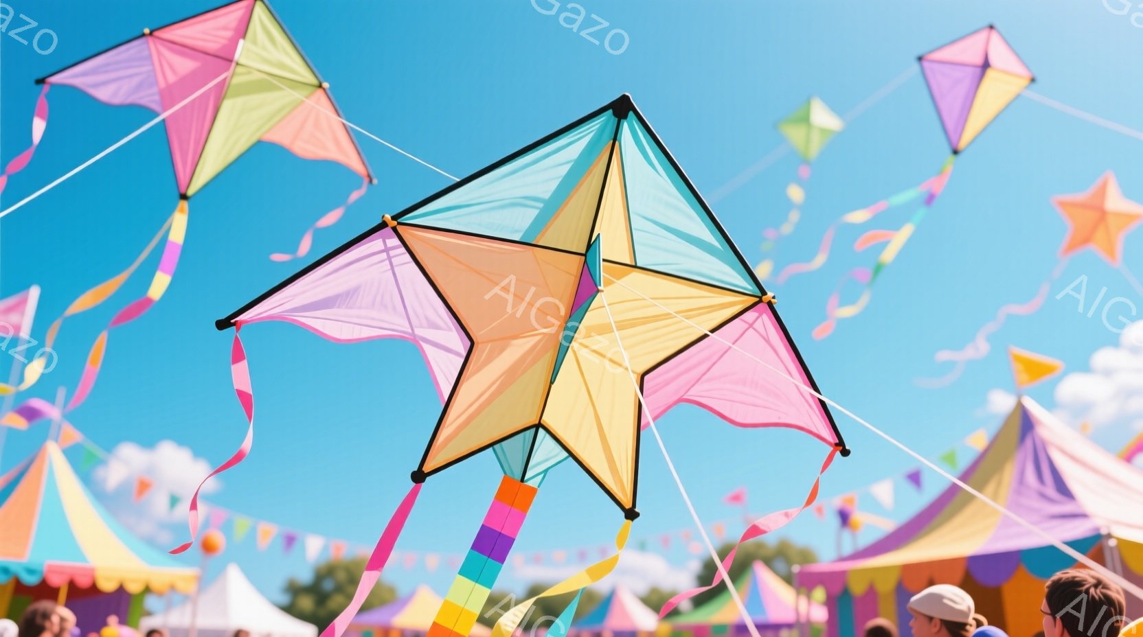 青空にカラフルな凧が多数舞い上がっており、特に中央には大きな星形の凧が目立っています。背景には、イベント会場のようなテントや旗が見え、人々が楽しんでいる様子が伺えます。全体的に明るく、陽気な夏の日の雰囲気が伝わってきます。