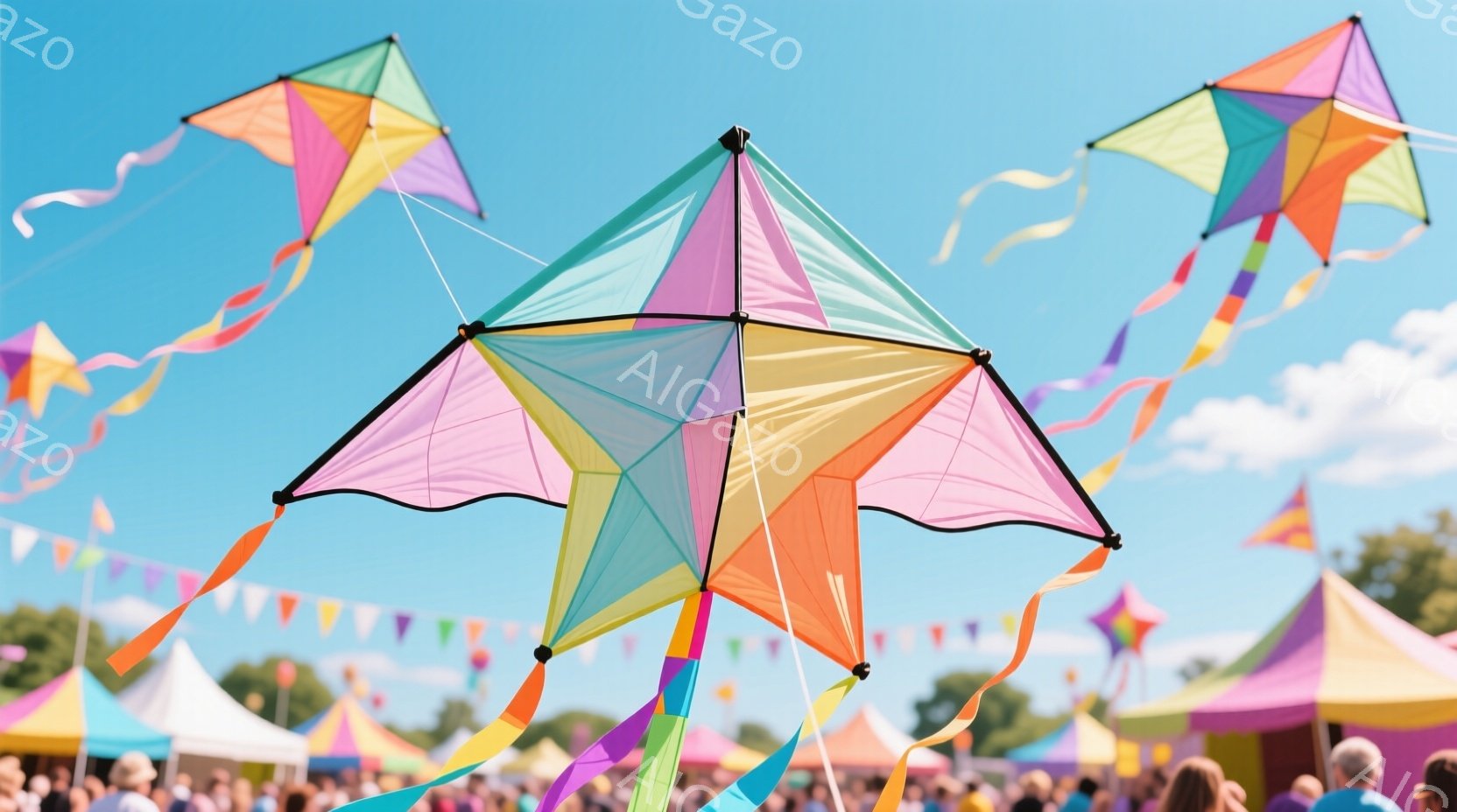 広大な青空の下、カラフルな凧が複数舞い上がっている様子が捉えられています。凧は虹色に輝き、それぞれ異なる色鮮やかな三角形で構成され、風に乗って優雅に空を舞っています。背景には、多くの人々が見え、遠くに - AI生成フリー素材