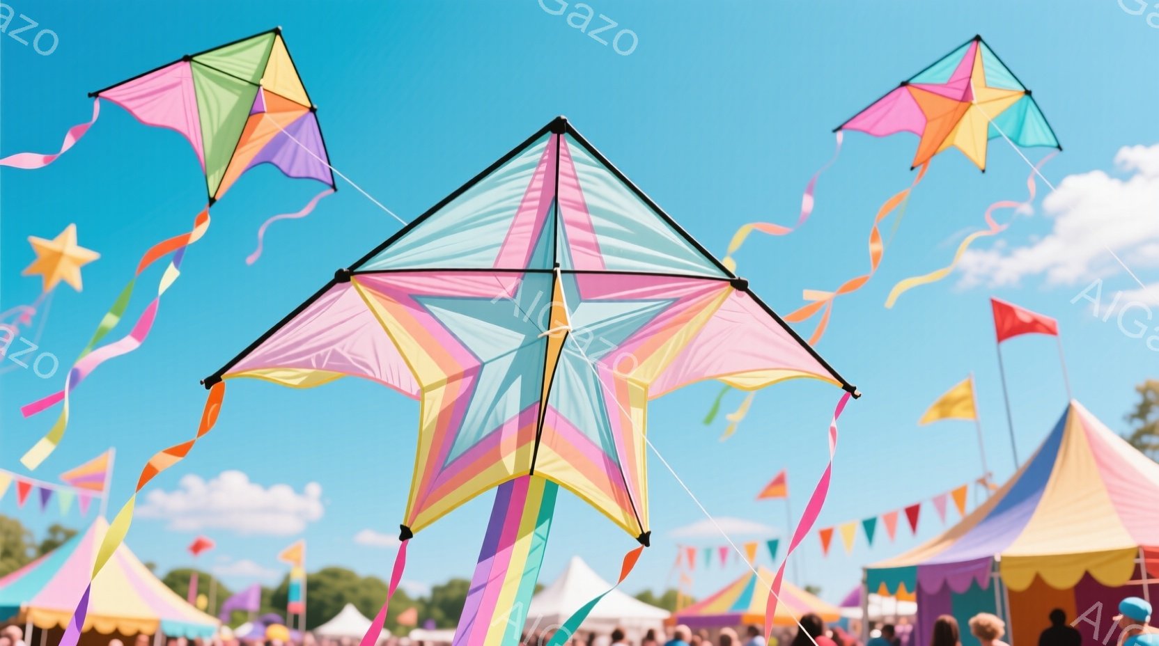 空にはカラフルな凧が複数舞い上がっており、特にピンク、黄色、緑、青色の凧が目立っています。背景には、様々な色のテントや旗が並び、多くの人々がいることがわかります。晴天で、明るく賑やかなお祭りのような雰囲気です。