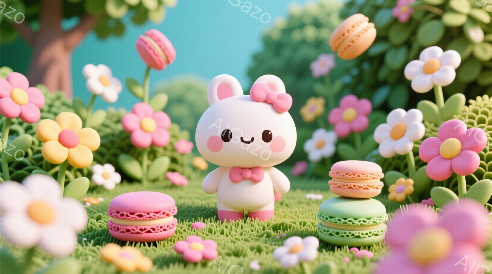 白くて丸いキャラクターが、ピンクのリボンと蝶ネクタイをつけて立っています。周りにはカラフルなマカロンと、ピンクや黄色の可愛らしい花々が咲き乱れ、緑色の芝生が広がっています。全体的にパステルカラーで統一 - AI生成フリー素材