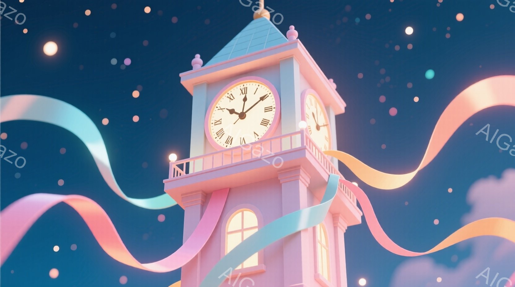 淡いピンク色の時計台が、夜空を背景に浮かび上がっています。時計台の周りには、パステルカラーのリボンが舞い、幻想的な雰囲気を醸し出しています。星空とリボンの組み合わせが、夢のような、優雅な情景を作り出しています。