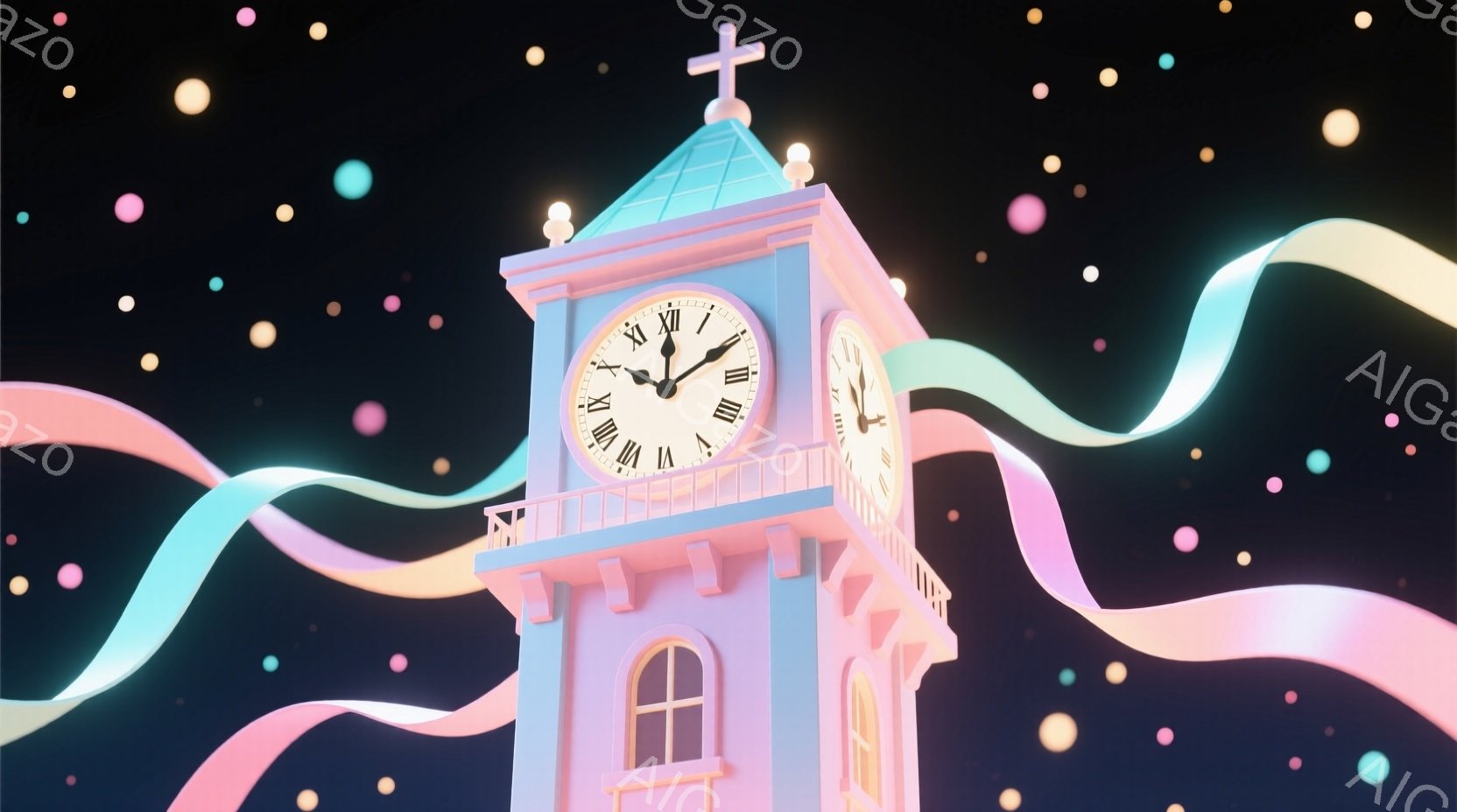 淡い水色の鐘楼が、黒い背景に浮かび、周囲にはパステルカラーのリボンが舞っている。鐘楼には、ローマ数字の文字盤を持つ時計が備え付けられ、時刻はほぼ3時を指している。全体的に夢幻的で、幻想的な雰囲気が漂っている。