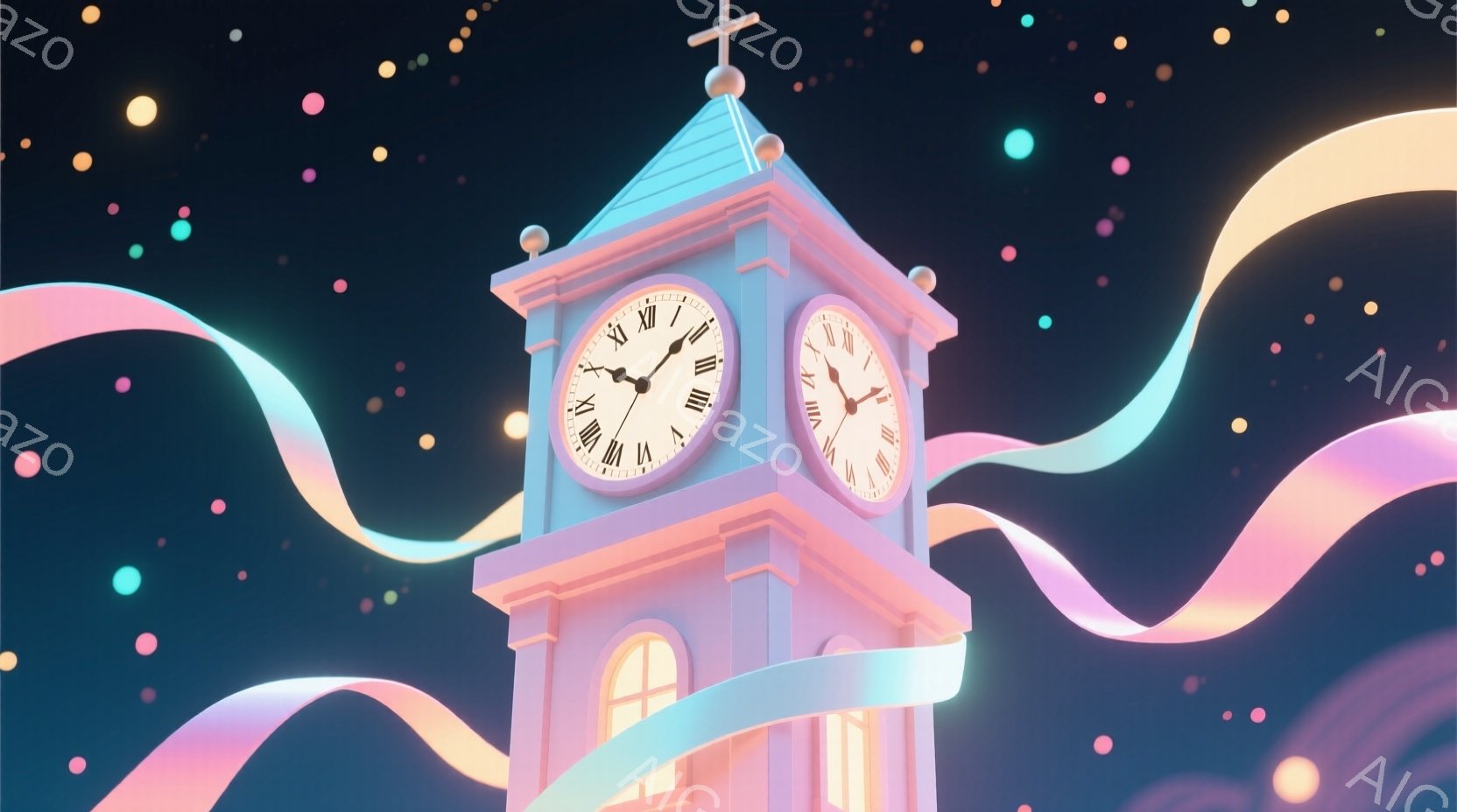 淡いピンク色の鐘楼が、夜空を背景に浮かび上がっています。鐘楼には二つの時計が取り付けられており、暖色系の光が窓から漏れています。背景には、パステルカラーの曲線と、小さな光の粒子が散りばめられ、夢幻的な - AI生成フリー素材
