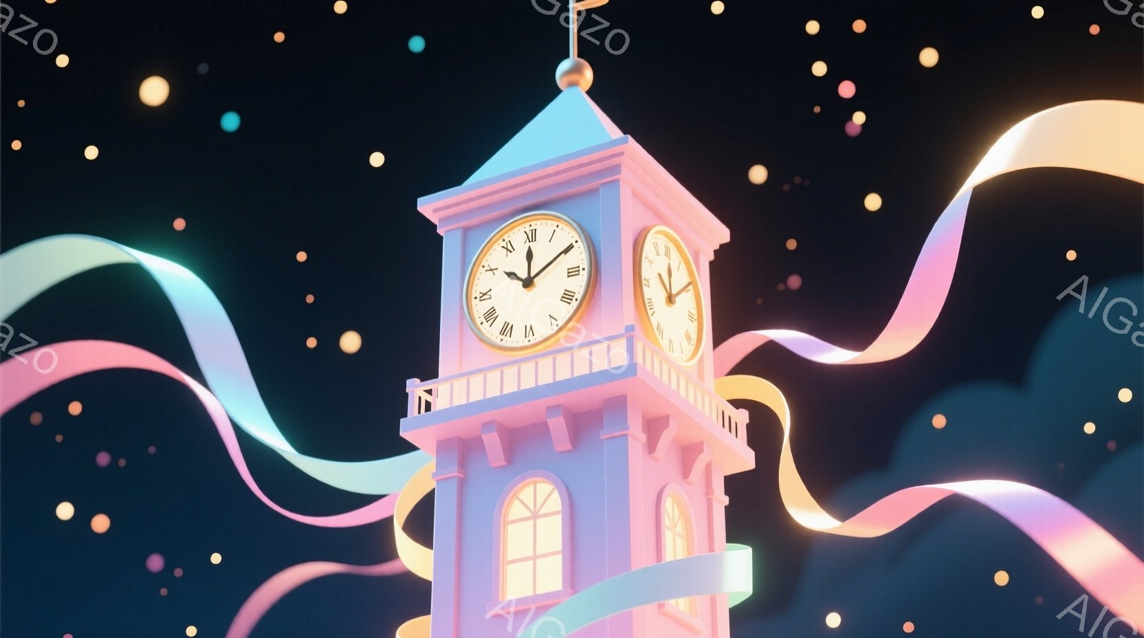 鮮やかなパステルカラーの塔が、暗い夜空を背景に浮かび上がっています。塔は白と淡い紫色のストライプで装飾され、窓からは柔らかな光が漏れています。夜空には星が散りばめられ、塔の周りには虹色のリボンが舞い、 - AI生成フリー素材