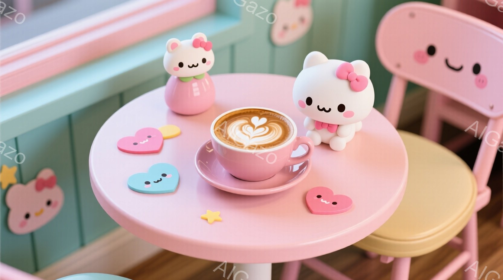 柔らかいピンク色のテーブルの上に、可愛らしいクマのぬいぐるみが２体と、ハートのラテが入ったカップが置かれています。クマたちはそれぞれピンクとオレンジ色の服を着ていて、テーブルの周りにはカラフルなハート - AI生成フリー素材