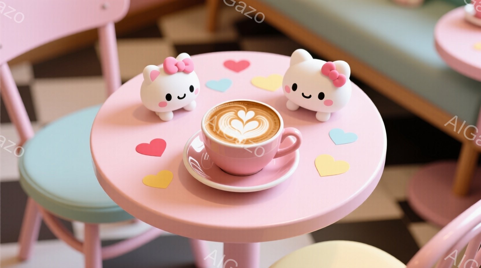 薄いピンク色の円形のテーブルの上に、可愛らしい白い子犬のぬいぐるみが二つ置かれています。テーブルにはパステルカラーのハート型の紙片が散りばめられ、その中央には美しいラテアートが施されたコーヒーカップが - AI生成フリー素材