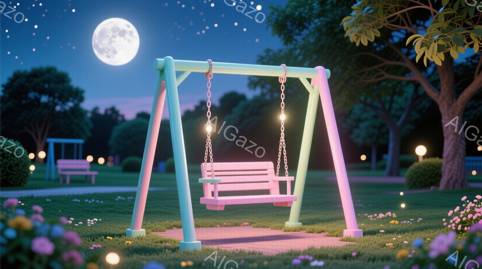 夜空の下、淡いピンクと水色のブランコが緑豊かな芝生の上に設置されています。ブランコは金属製のチェーンで吊るされ、周囲には光る花々や電灯が点在し、夢のような雰囲気を醸し出しています。満月が夜空に輝き、静 - AI生成フリー素材