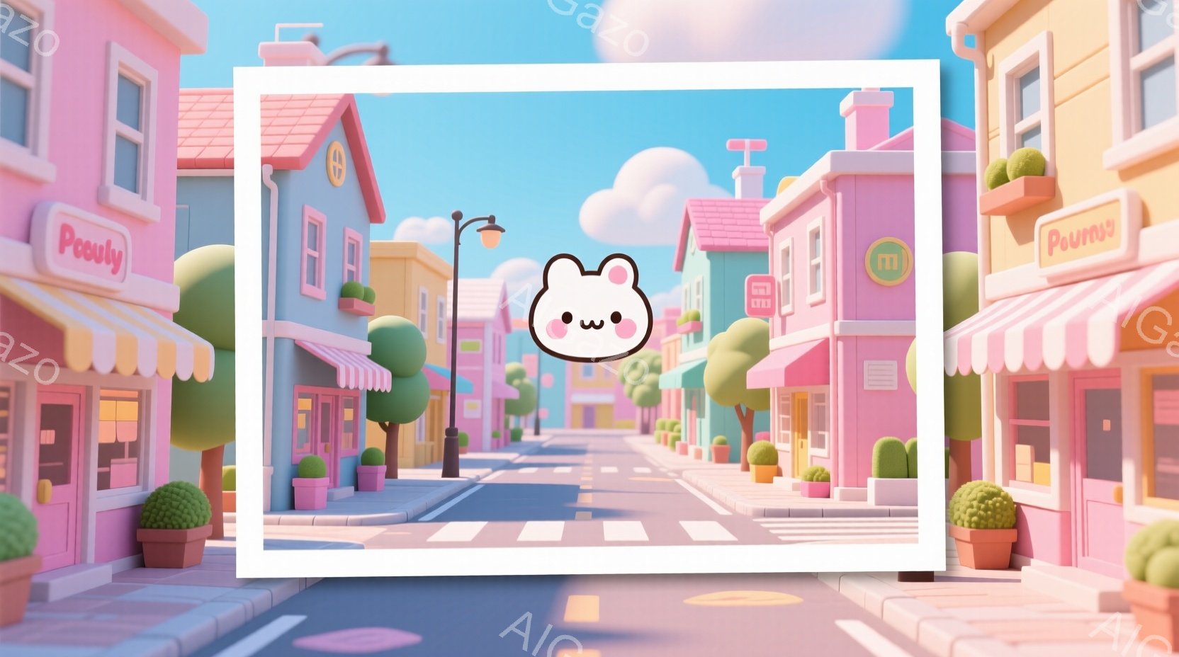 鮮やかなピンクと水色の建物が立ち並ぶ、可愛らしい街並みです。道路には白線が引かれ、歩道には鉢植えの植物が置かれています。背景には雲が浮かび、全体的に柔らかく夢のような雰囲気です。