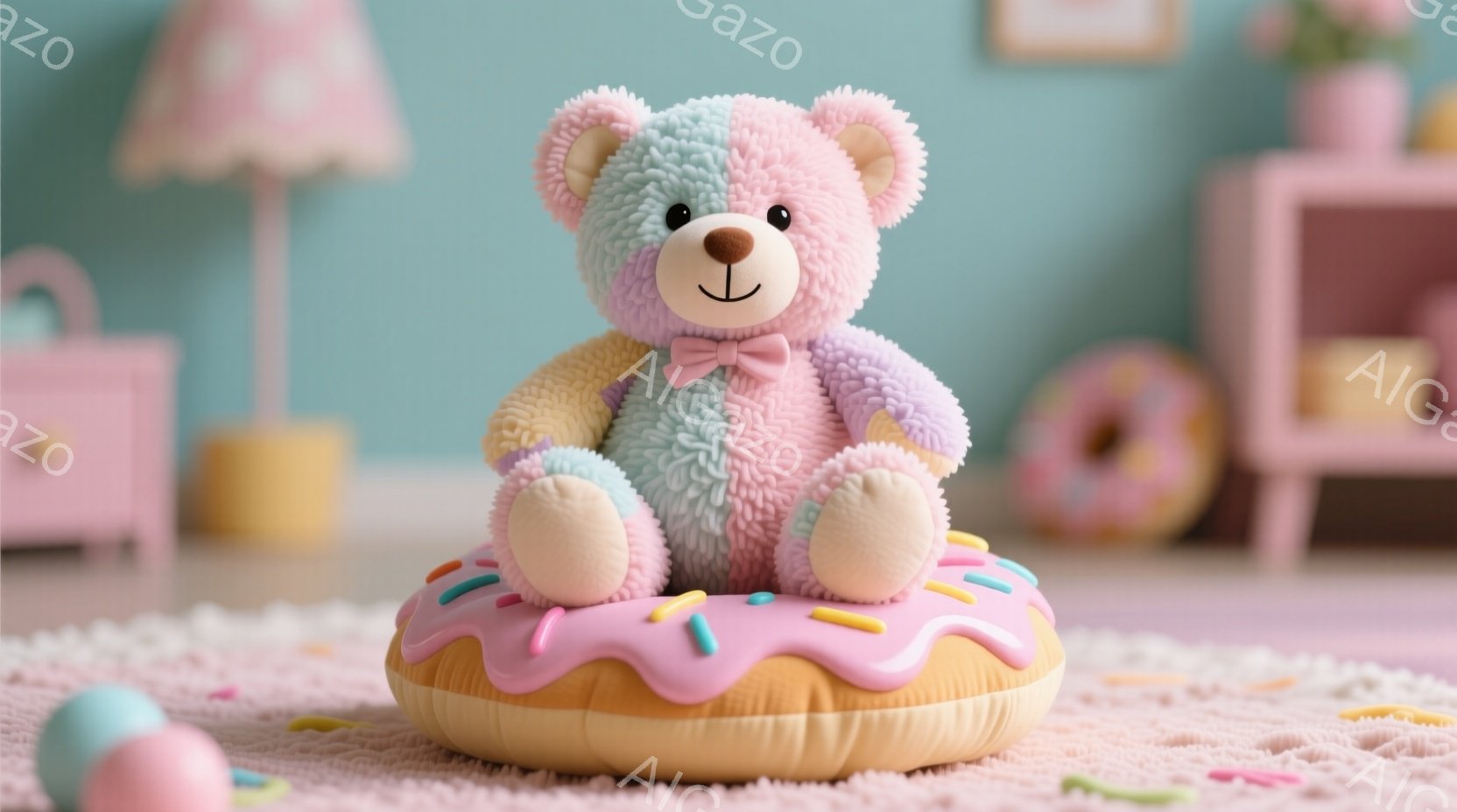 明るいピンクと水色のパステルカラーで構成されたテディベアが、大きなドーナツ型のクッションの上に座っています。ベアは小さなピンクのリボンを首に巻き、穏やかで優しい表情をしています。背景には、パステルカラ - AI生成フリー素材