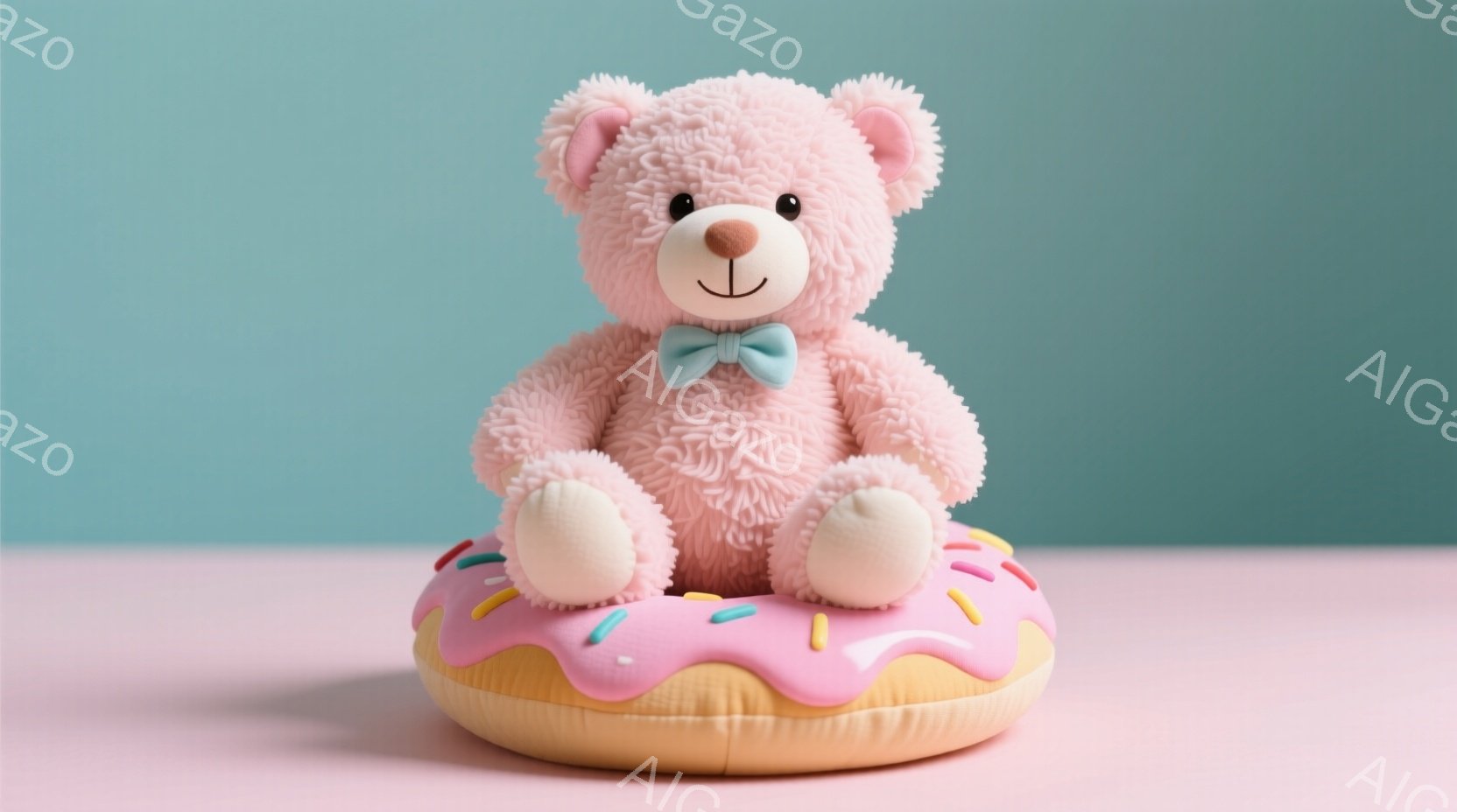 ふわふわのピンク色のテディベアが、ピンク色のアイシングとカラフルなスプリンクルが施されたドーナツ型の浮き輪の上に座っています。ベアは水色のリボンを首に巻いており、穏やかな表情をしています。背景は明るい - AI生成フリー素材