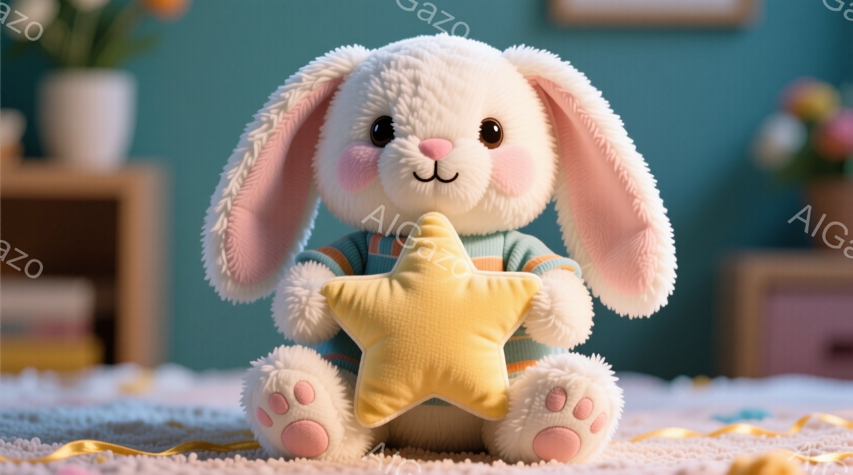 白くてふわふわのウサギのぬいぐるみは、薄いピンク色の足の裏と耳を持ち、水色のセーターを着ています。ウサギは黄色い星形のクッションを抱え、穏やかで優しい表情をしています。背景には、ピンクと紫の家具と植物 - AI生成フリー素材