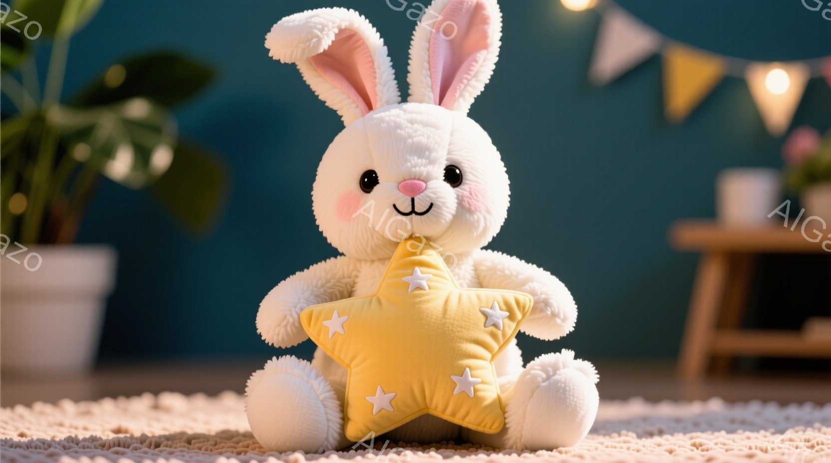 ふわふわの白いウサギのぬいぐるみは、明るい黄色の星形のクッションを抱きしめて座っています。背景には植物と木製の家具があり、温かい光が壁に反射して、柔らかく心地よい雰囲気を醸し出しています。全体的に、静 - AI生成フリー素材