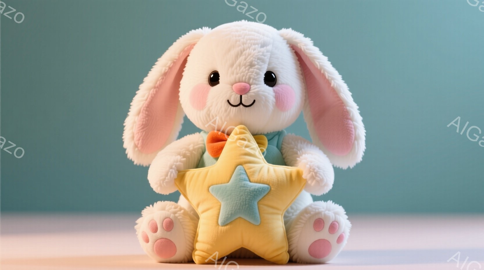 ふわふわの白い子ウサギのぬいぐるみは、明るい黄色の星形のクッションを抱きしめています。ピンク色の内側が覗く耳と、足の裏のピンク色の肉球が可愛らしいです。背景は淡い水色で、全体的に温かく優しい雰囲気です - AI生成フリー素材