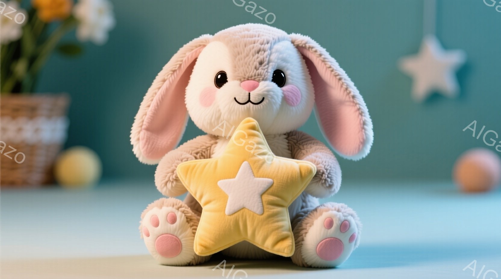 ふわふわのピンク色のウサギのぬいぐるみは、明るい黄色の星形のクッションを抱えています。背景は水色の壁で、編み込み模様のバスケットや丸いパステルカラーのボール、星形のオーナメントが飾られています。全体的 - AI生成フリー素材