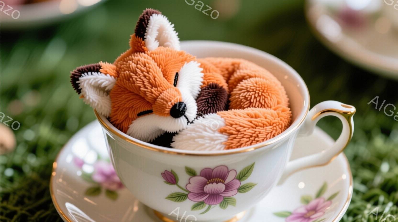 白いバラ模様が描かれた上品なティーカップの中に、オレンジ色のふわふわしたキツネが丸まって眠っています。キツネは目を閉じ、穏やかで平和な表情をしています。背景には緑の芝生と他のティーカップがぼやけて見え、可愛らしく優しい雰囲気を醸し出しています。